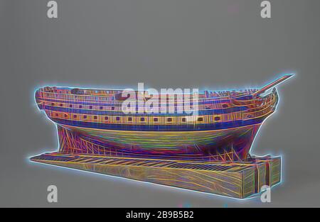 Model of a 74-Gun Ship on a Slipway, Construction model or the hull of a 74-piece line ship in the ropes on a slope, using the French launch method The skin is omitted on the port side under the barwood and on the starboard side above the barwood, on starboard a piece of skin with trusses can be removed in three places. Sixty-seven artillery ports spread over three decks, plus eight places for artillery firing. The galleon is only worked out on the port side: the figurehead is a woman in Roman robe with a laurel wreath in her hand. Twisted mirror with two gates in the wulf, the one-storey fenc Stock Photo