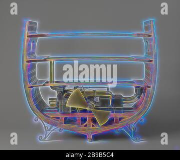 Model of a trunk engine, Model of a Trunk Engine, Model of a 150 hp trunk machine or tubular machine placed in a cross section of a ship. No boiler, the propeller shaft is shortened and provided with a two-blade parabolic propeller, the machine can be turned with a crank. The model shows: two horizontal cylinders with tubes, condenser cabinet with four air pumps, two steam valves with double eccentric on the crankshaft and regulator on top of the condenser, steam supply controller on extra eccentric. In this directly working machine, designed by John Penn, the piston was provided with a round Stock Photo