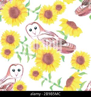 Barn owl or Tyto alba and sunflower seamless background Stock Vector