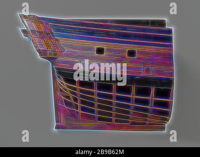 Half Model of the Stern or a 74-Gun Ship of the Line, Truss Model (starboard), the skin is applied above the lower bar wood, below which molds are placed. Twisted mirror with four throws and turn truss. Hollow wulf with a gate. The fence, adorned with trumpet-blowing angels, weapon trophies and accolades, has two floors with a western corridor on the top floor. The side gallery has two floors and is decorated with foliage. Lower deck, main deck, half deck and upper campaign. The sheer runs backwards, two bar trees and a deer. Prince Maurits (ship), Dappere (ship), anonymous, Amsterdam (possibl Stock Photo