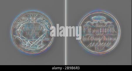 Alkmaar department of the Hollandsche Maatschappij van Landbouw, medal awarded to P.H. van Gelder for two orange trees, Silver Medal. Front: crowned coat of arms lying on two grain sheaves, two inverted, filled horns of abundance, an oak and a willow branch above inscription and agricultural implements. Reverse: wreath of olive branches with ribbon above inscriptions, Holland, Alkmaar, Pieter Hendrik van Gelder, Hollandsche Maatschappij van Landbouw, Johannes Petrus Schouberg, Utrecht, 1853, silver (metal), engraving, d 3.8 cm × w 25.73 gr, Reimagined by Gibon, design of warm cheerful glowing Stock Photo