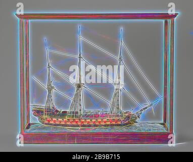 Glass Model of a 76-Gun Ship of the Line, Full model of a line ship, three-mast, with 76 pieces up to the waterline The three masts and the bowsprit consist of thick twisted glass wire. The ship is further made up of single and, if necessary, several thin glass wires next to each other. The wires are black or colorless and almost all twisted. On board nine figures in different colored clothes, and a dog. The figurehead is a male figure with a stab weapon in the right hand. A sloop on both sides of the ship. The model is in a wooden case. The sea is represented with glass chips., anonymous, Uni Stock Photo