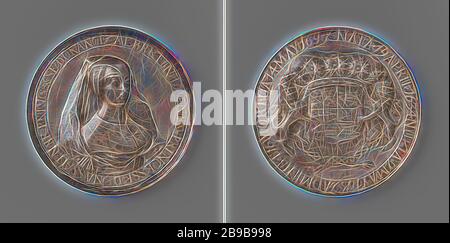 Death of Albertine Agnes, Princess of Nassau, daughter of Frederik Hendrik and Amalia of Solms, Silver Medal. Obverse: woman's bust inside the inside. Reverse: crowned coat of arms flanked by two crowned lions in a circle, Albertine Agnes (Princess of Orange), anonymous, 1696, silver (metal), founding, d 8.2 cm × w 161.56 gr, Reimagined by Gibon, design of warm cheerful glowing of brightness and light rays radiance. Classic art reinvented with a modern twist. Photography inspired by futurism, embracing dynamic energy of modern technology, movement, speed and revolutionize culture. Stock Photo