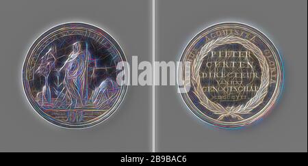 Bataafsch Society of Experimental Philosophy, Medal Honored by Pieter Curten, Director of the Society, Silver Medal. Obverse: veiled woman, representing the Experience, holds a magnet in her right hand, with an anchor on it, and a weighing device in her left, there is a pointer, a plumb line, a windlass with a capstan, a globe, a compass and a book wrapped around her, cut off: inscription interrupted by two coats of arms. Reverse: inscription within laurel wreath and inscription, Rotterdam, Pieter Curten, Bataafsch Society of experimental philosophy, Johan George Holtzhey, Amsterdam, 1769 - 18 Stock Photo
