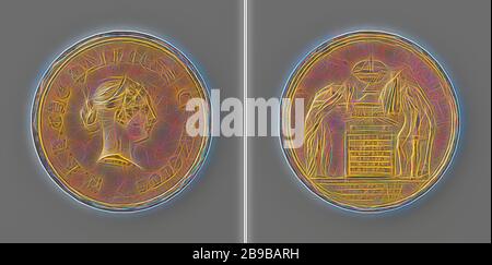 Death of Charlotte Augusta, Princess of England, Silver Medal. Obverse: bust of a woman with a diadem inside an inscription in Gothic letters. Reverse: man with inverted torch and woman mourning at tomb with inscription, cut off: inscription, Charlotte Augusta (princess of England), Edward Avern, England, 1817, silver (metal), gilding (material), gilding, d 5.1 cm × w 79.44 gr, Reimagined by Gibon, design of warm cheerful glowing of brightness and light rays radiance. Classic art reinvented with a modern twist. Photography inspired by futurism, embracing dynamic energy of modern technology, mo Stock Photo