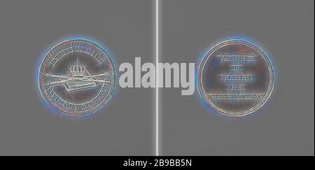 Inauguration of William II, King of the Netherlands in Amsterdam, Silver Medal. Obverse: crown, lying on crossed scepter and staff, and on book with inscription 'Constitution' within an inscription. Reverse: inscription, Amsterdam, Willem II (King of the Netherlands), anonymous, Netherlands, 1840, silver (metal), striking (metalworking), d 2.3 cm × w 3.48 gr, Reimagined by Gibon, design of warm cheerful glowing of brightness and light rays radiance. Classic art reinvented with a modern twist. Photography inspired by futurism, embracing dynamic energy of modern technology, movement, speed and r Stock Photo