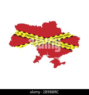 Map of Ukraine with warning quarantine yellow tape. Danger coronavirus Banner Stock Vector