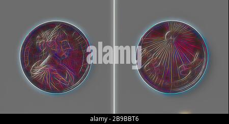 Transition from Christina of Sweden to the Roman Catholic Church, Bronze Medal. Obverse: bust of a woman with laurel wreath inside an inscription. Reverse: bright sun above a pennant with inscription, Christina (Queen of Sweden), anonymous, 1654, bronze (metal), striking (metalworking), d 4.1 cm × w 30.39 gr, Reimagined by Gibon, design of warm cheerful glowing of brightness and light rays radiance. Classic art reinvented with a modern twist. Photography inspired by futurism, embracing dynamic energy of modern technology, movement, speed and revolutionize culture. Stock Photo