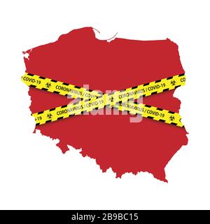 Map of Poland with warning quarantine yellow tape. Danger coronavirus Banner Stock Vector