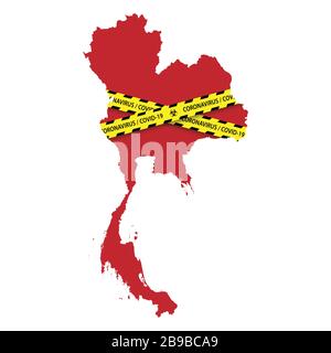 Map of Thailand with warning quarantine yellow tape. Danger coronavirus Banner Stock Vector