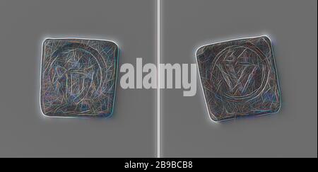 City of Amsterdam, district 34, small piece that gave the right to rye bread at a price of eight and a half penny, almost diamond shaped piece. Front: in round stamp: crowned coat of arms, flanked by two lions within a round pearl border. Reverse: in round stamp: number 34 above letter W inside round pearl edge, Amsterdam, anonymous, 1662, founding, h 3 cm × w 2.9 cm × w 27.34 gr, Reimagined by Gibon, design of warm cheerful glowing of brightness and light rays radiance. Classic art reinvented with a modern twist. Photography inspired by futurism, embracing dynamic energy of modern technology, Stock Photo