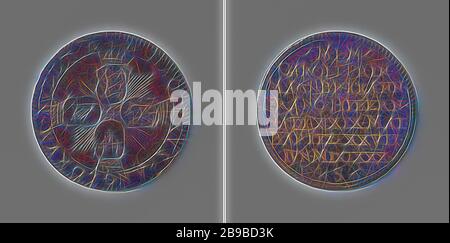 Birth and baptism of Charles, prince of England, Scotland, Ireland and France, Silver Medal. Front: four crowned coats of arms in a cartouche, mounted on a cross, attached to a circle, from which the sun's rays emerge within a circle. Reverse: inscription, Charles II (King of England), Nicolas Briot, London, 1630, silver (metal), striking (metalworking), d 2.5 cm × w 4.28 gr, Reimagined by Gibon, design of warm cheerful glowing of brightness and light rays radiance. Classic art reinvented with a modern twist. Photography inspired by futurism, embracing dynamic energy of modern technology, move Stock Photo