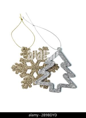 Christmas decorations. Snowflake and Christmas tree isolated on white background Stock Photo