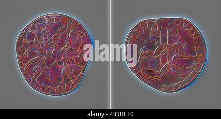 Warning against the peace negotiations in Cologne, Copper Medal. Front: two horsemen and two soldiers on foot with each other fighting within a cover. Reverse: two corpses, the heads of which are placed on stakes within an inscription, Cologne, Lamoral Count of Egmond, Philips of Montmorency (Count of Horne), Gerard van Bylaer, Dordrecht, 1579, copper (metal), striking (metalworking), d 3 cm × w 5.18 gr, Reimagined by Gibon, design of warm cheerful glowing of brightness and light rays radiance. Classic art reinvented with a modern twist. Photography inspired by futurism, embracing dynamic ener Stock Photo