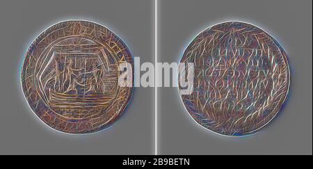 Taking Breda with the help of the peat ship, Silver Medal. Obverse: warriors emerge from a ship loaded with peat within a circle. Reverse: inscription within laurel wreath, Breda, Maurits (Prince of Orange), anonymous, Dordrecht, 1590, silver (metal), striking (metalworking), d 3 cm × w 7.93 gr, Reimagined by Gibon, design of warm cheerful glowing of brightness and light rays radiance. Classic art reinvented with a modern twist. Photography inspired by futurism, embracing dynamic energy of modern technology, movement, speed and revolutionize culture. Stock Photo