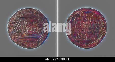 Capture of Breda using the peat ship, Copper Medal. Obverse: warriors emerge from a ship loaded with peat within a circle. Reverse: inscription within laurel wreath, Breda, Maurits (Prince of Orange), anonymous, Dordrecht, 1590, copper (metal), striking (metalworking), d 2.9 cm × w 5.57 gr, Reimagined by Gibon, design of warm cheerful glowing of brightness and light rays radiance. Classic art reinvented with a modern twist. Photography inspired by futurism, embracing dynamic energy of modern technology, movement, speed and revolutionize culture. Stock Photo