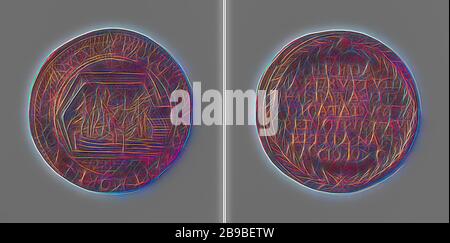 Capture of Breda using the peat ship, Copper Medal. Obverse: warriors emerge from a ship loaded with peat within a circle. Reverse: inscription within laurel wreath, Breda, Maurits (Prince of Orange), anonymous, Dordrecht, 1590, copper (metal), striking (metalworking), d 3 cm × w 5.93 gr, Reimagined by Gibon, design of warm cheerful glowing of brightness and light rays radiance. Classic art reinvented with a modern twist. Photography inspired by futurism, embracing dynamic energy of modern technology, movement, speed and revolutionize culture. Stock Photo