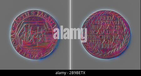 Taking Breda with the help of the peat ship, Copper Medal. Obverse: warriors emerge from a ship loaded with peat within a circle. Reverse: inscription within laurel wreath, Breda, Maurits (Prince of Orange), anonymous, Dordrecht, 1590, copper (metal), striking (metalworking), d 2.9 cm × w 7.26 gr, Reimagined by Gibon, design of warm cheerful glowing of brightness and light rays radiance. Classic art reinvented with a modern twist. Photography inspired by futurism, embracing dynamic energy of modern technology, movement, speed and revolutionize culture. Stock Photo