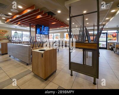 Las Vegas, MAR 22, 2020 - Interior view of the lockdown dinning room of Burger King Stock Photo