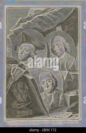 Portraits of Jan de Beijer, Jacobus Buys and Hendrik Pothoven, Three numbered portraits of painters Jan de Beijer, Jacobus Buys and Hendrik Pothoven. On the left a carved male head. Bottom right a palette and brushes, portrait, self-portrait or artist, tools, implements of painter, Jan de Beijer, Jacobus Buys, Hendrik Pothoven, Pieter Tanjé (mentioned on object), Amsterdam, 1750 - 1751, paper, engraving, h 164 mm × w 110 mm, Reimagined by Gibon, design of warm cheerful glowing of brightness and light rays radiance. Classic art reinvented with a modern twist. Photography inspired by futurism, e Stock Photo