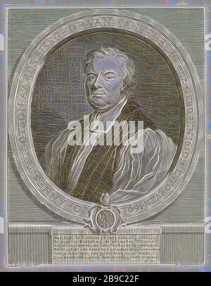 Portrait of John Tillotson Johannes Tillotson (title on object), Bust to the left of John Tillotson, Archbishop of Canterbury, in an oval with an inscription in Dutch and with his weapon at the bottom. The portrait rests on a ledge on which a six-line verse in Dutch, John Tillotson, Jacob Houbraken (mentioned on object), Amsterdam, 1708 - 1766, paper, engraving, h 180 mm × w 139 mm, Reimagined by Gibon, design of warm cheerful glowing of brightness and light rays radiance. Classic art reinvented with a modern twist. Photography inspired by futurism, embracing dynamic energy of modern technolog Stock Photo