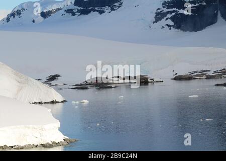 The abandoned British base at Port Lockroy,  now a museum and post office, on the north-western shore of Wiencke Island, Palmer Archipelago, Antarctic Stock Photo