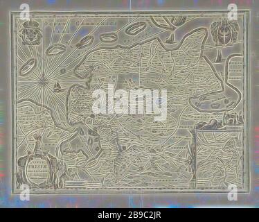 Map of East Frisia Typus Frisiae orientalis (title on object), Map of East Frisia with top left the imperial weapon with Golden Fleece and top right another weapon. Bottom left a decorated cartouche with the title and bottom right a cut-out. All inscriptions in Latin, maps of separate countries or regions, Friesland, Evert Simonsz Hamersvelt (mentioned on object), Amsterdam, 1618 - 1665, paper, etching, h 383 mm × w 498 mm, Reimagined by Gibon, design of warm cheerful glowing of brightness and light rays radiance. Classic art reinvented with a modern twist. Photography inspired by futurism, em Stock Photo