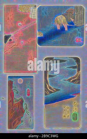 Four harimaze from famous places, Leaf on which four cut-out harimaze prints. Arai, fisherman in water at net, Kawasaki, plum blossom with lunch trays, Ishiyama, full moon above rocks, Ogawa, river between high rock walls., Hiroshige (I), Utagawa (mentioned on object), Japan, 1848 - 1852, paper, colour woodcut, h 360 mm × w 230 mm, Reimagined by Gibon, design of warm cheerful glowing of brightness and light rays radiance. Classic art reinvented with a modern twist. Photography inspired by futurism, embracing dynamic energy of modern technology, movement, speed and revolutionize culture. Stock Photo
