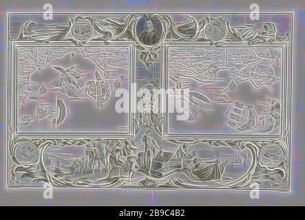Maps of the Spanish Armada (July 22 and 24, 1588), Two cards (V-VI) with the Spanish and English fleet in The Channel near the Isle of Portland and Weymouth, within an ornamental frame. At the top in the frame is a cartouche with the portrait of Francis Drake. Between the anchors, spears and banners a commemorative coin with three ships on one side and the Zeeland weapon on the other. Bottom left a coin depicting Queen Elizabeth I in a triumphal cart, with palm branch and a book with the first words of the Lord's Prayer in Dutch. On the reverse of the coin, shown on the right, is a tree with a Stock Photo