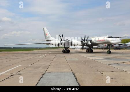 Tu-95MS strategic bomber of the Russian Air Force taxiing. Stock Photo