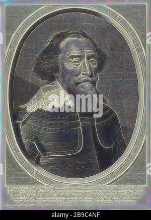 Portrait of Hendrik, count van den Bergh, bust in armor with lace collar, in oval frame with Latin motto. In lower margin Latin inscription in five lines., Hendrik count van den Bergh, Willem Jacobsz. Delff (mentioned on object), Delft, 1634, paper, engraving, h 423 mm × w 299 mm, Reimagined by Gibon, design of warm cheerful glowing of brightness and light rays radiance. Classic art reinvented with a modern twist. Photography inspired by futurism, embracing dynamic energy of modern technology, movement, speed and revolutionize culture. Stock Photo
