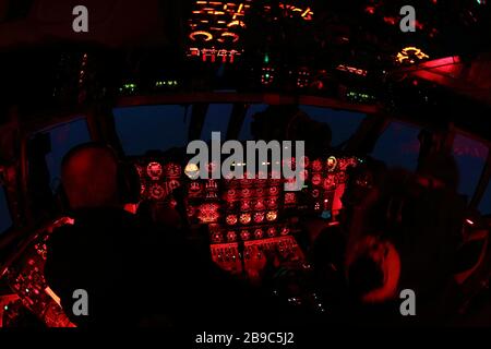 Cockpit of an IL-78 military tanker of the Russian Air Force during a night flight. Stock Photo