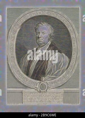 Portrait of John Tillotson Johannes Tillotson (title on object), Bust to the left of John Tillotson, Archbishop of Canterbury, in an oval with an inscription in Dutch and with his weapon at the bottom. The portrait rests on a ledge with a six-line verse in Dutch., John Tillotson, Jacob Houbraken (mentioned on object), Amsterdam, 1729 - 1766, paper, engraving, h 180 mm × w 138 mm, Reimagined by Gibon, design of warm cheerful glowing of brightness and light rays radiance. Classic art reinvented with a modern twist. Photography inspired by futurism, embracing dynamic energy of modern technology, Stock Photo