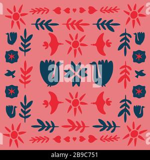 Decor inspired by traditional art form in red, pink and dark blue. Spring celebration folk doodle art square tile. Folklore cliparts elements for Stock Vector