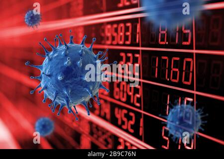 Financial crisis concept with 3d rendering coronavirus cell or covid-19 cell stock market Stock Photo