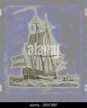 Three-mast with two figures in the ropes Different ships series E (series title), A three-master with several figures and a flag. Two of the figures climb the mast through the ropes. There are three figures on the deck. A sloop hangs behind the sailing ship. A rowing boat with three figures is shown on the right. On the right in the background you can see the contours of a church and other buildings. This print is part of a series of twelve prints with different sailing ships., Ships (in general), Gerrit Groenewegen, Rotterdam, 1790, paper, etching, h 150 mm × w 130 mm, Reimagined by Gibon, de Stock Photo