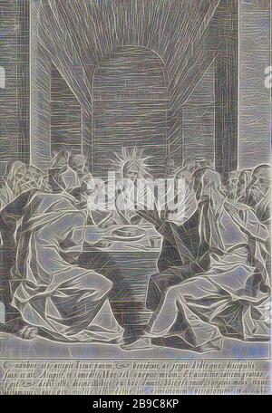 Last Supper Passion of Christ (series title) Passionis et resurrectionis (series title ), Christ and his disciples around a table. Christ sits in the middle and John leans against him. The bread is on the table. At the bottom left, two lion's feet protrude under the clothing of a student. In the margin a four-line caption in Latin. Print from a series of fifteen with the passion of Christ., Last Supper (in general) (Matthew 26: 21-35, Mark 14: 18-31, Luke 22: 3, 22: 15-23, John 13: 21- 38), Pieter de Jode (I), Italy, 1590 - 1632, paper, engraving, h 185 mm × w 128 mm, Reimagined by Gibon, desi Stock Photo