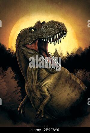 Albertosaurus dinosaur roaring under moonlight. Stock Photo