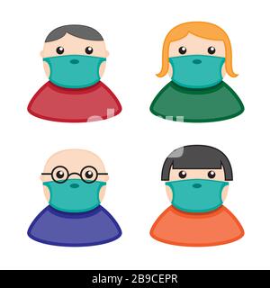 Icons of people in protective medical masks on a white isolated background. Vector image Stock Vector