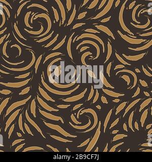 Vector seamless texture of spirals and blots with torn edges in brown shades. Contrast beige pattern for fabrics or wrapping paper on a dark Stock Vector
