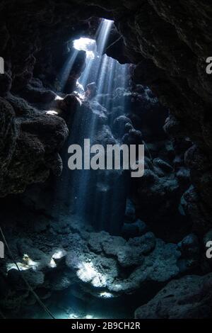 Sunlight beams down through the roof of a cave like spotlights, Red Sea. Stock Photo