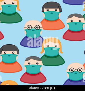 Seamless pattern of people in protective medical masks on a blue background. Vector image Stock Vector