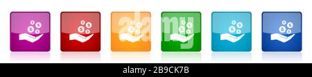 Money, cash icon set, colorful square glossy vector illustrations in 6 options for web design and mobile applications Stock Vector