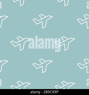 White line Plane icon - seamless pattern on blue background. Flying airplane icon. Airliner sign. Vector Illustration Stock Vector