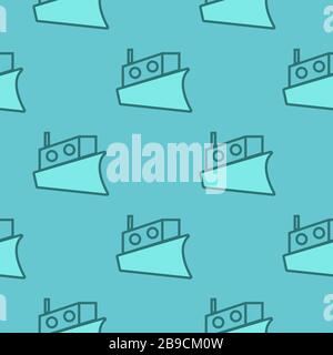 Blue line Cargo ship icon - seamless pattern on blue background. Vector Illustration Stock Vector