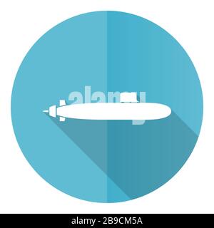Submarine blue round flat design vector icon isolated on white background, navy, boat, ship, army illustration in eps 10 Stock Vector