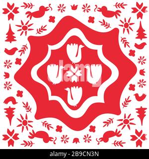 Spring, Merry Christmas folk doodle art square tile. Scandinavian style with traditional geometric shapes in festive colors. Folklore cliparts Stock Vector