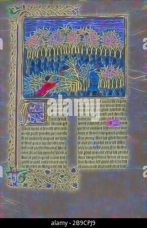 Hunters Cutting Trees to Make Traps, Brittany, France, about 1430 - 1440, Tempera colors, gold paint, silver paint, and gold leaf on parchment, Leaf: 26.4 x 18.4 cm (10 3,8 x 7 1,4 in, Reimagined by Gibon, design of warm cheerful glowing of brightness and light rays radiance. Classic art reinvented with a modern twist. Photography inspired by futurism, embracing dynamic energy of modern technology, movement, speed and revolutionize culture. Stock Photo