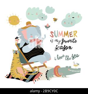 Cute cartoon animals sunbathing on beach. Hello summer Stock Vector