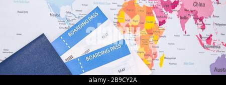 passport, boarding pass over map. travel concept. Stock Photo